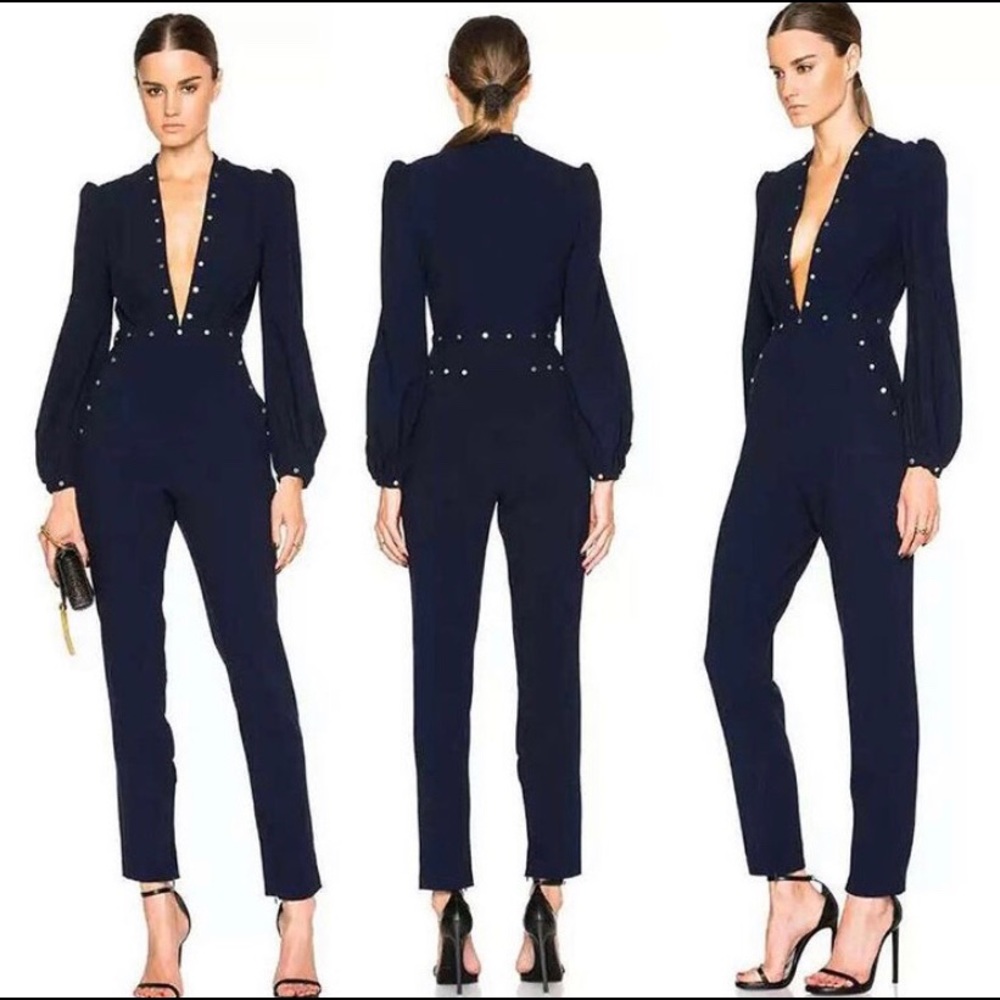 Long Sleeve Classy Jumpsuit with Gold Rivet.